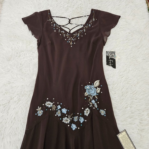 S.L. Fashions Sz 12 Y2k Brown Beaded Floral Embroidery Fairycore Whimsical Dress - Picture 2 of 10